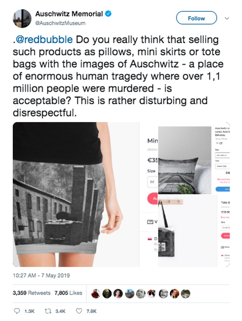 Klädåterförsäljare säljer produkter med Auschwitz motiv. Klädåterförsäljare säljer produkter med Auschwitz motiv.